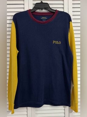 Polo Ralph Lauren Thermal Shirt Men's L  Blue Yellow Spellout Waffle Knit
